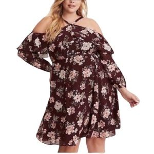 Torrid Burgundy Floral Cold Shoulder Ruffle Dress